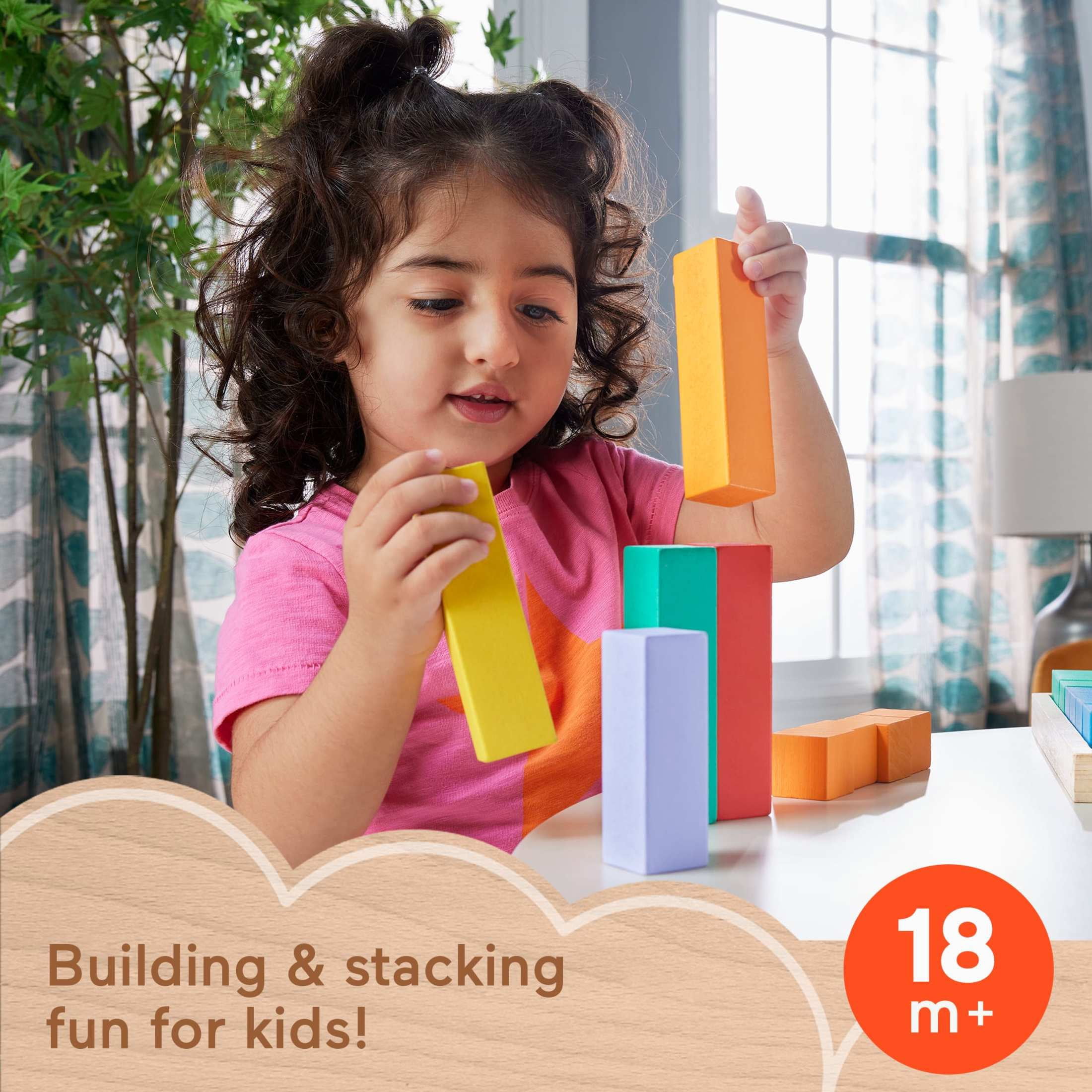 Fisher-Price Wooden Rainbow Stacking Building Blocks, Creative Play for Toddlers, 65 Wood Pieces