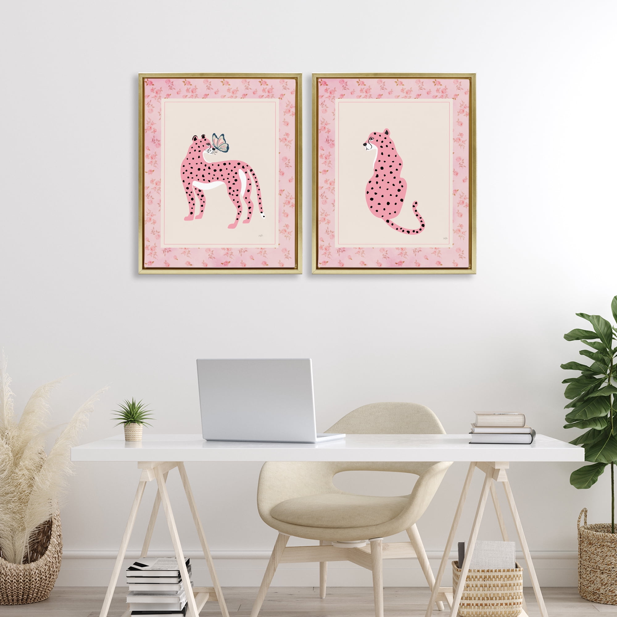 Stupell Industries Pink Leopard & Floral Border 2 Piece Gold Framed Floater Canvas Set, design by Natalie Carpentieri