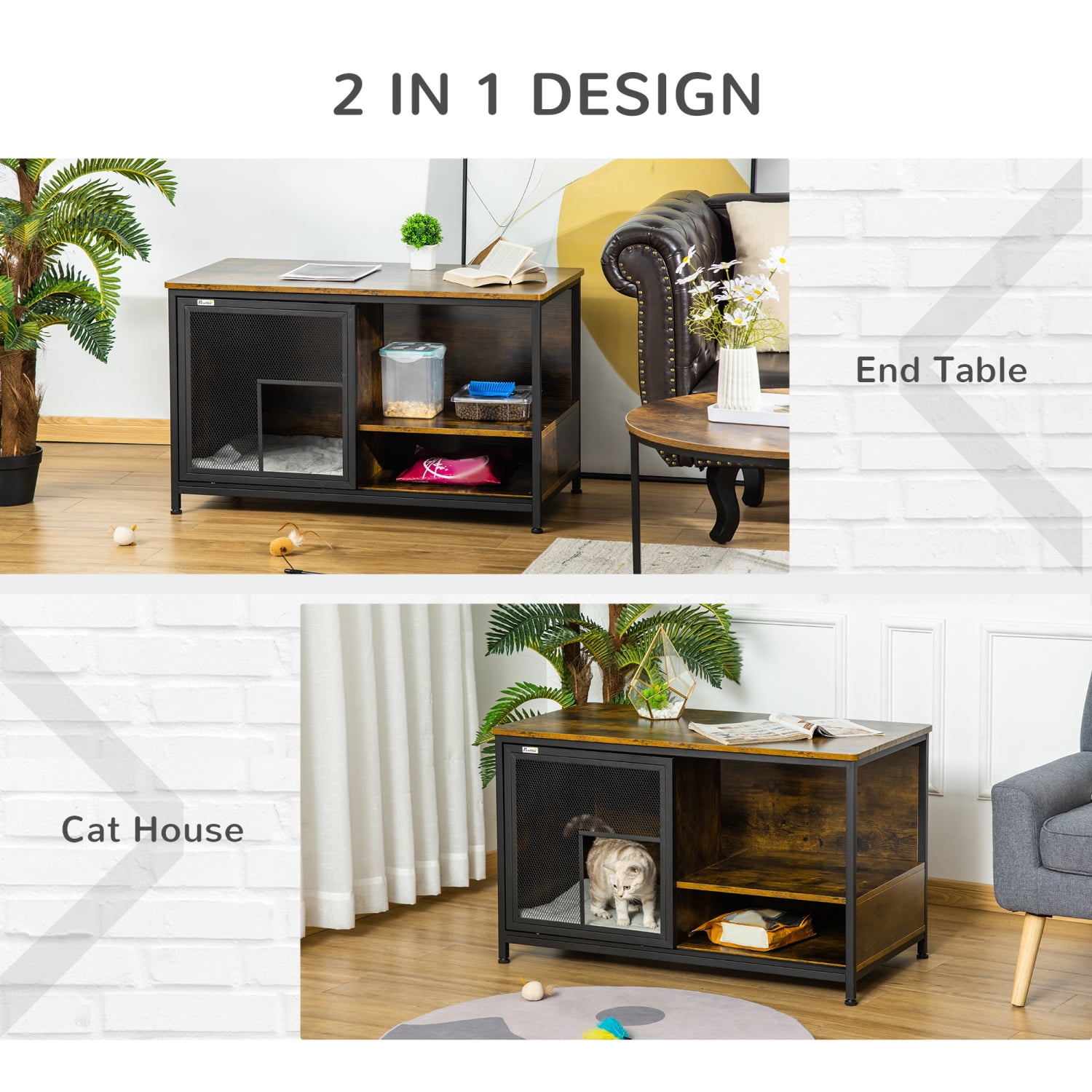 Furniture Style Cat Condo & Dog Cage, End Table Pet House with Cushion & Sliding Doors, Rustic Brown