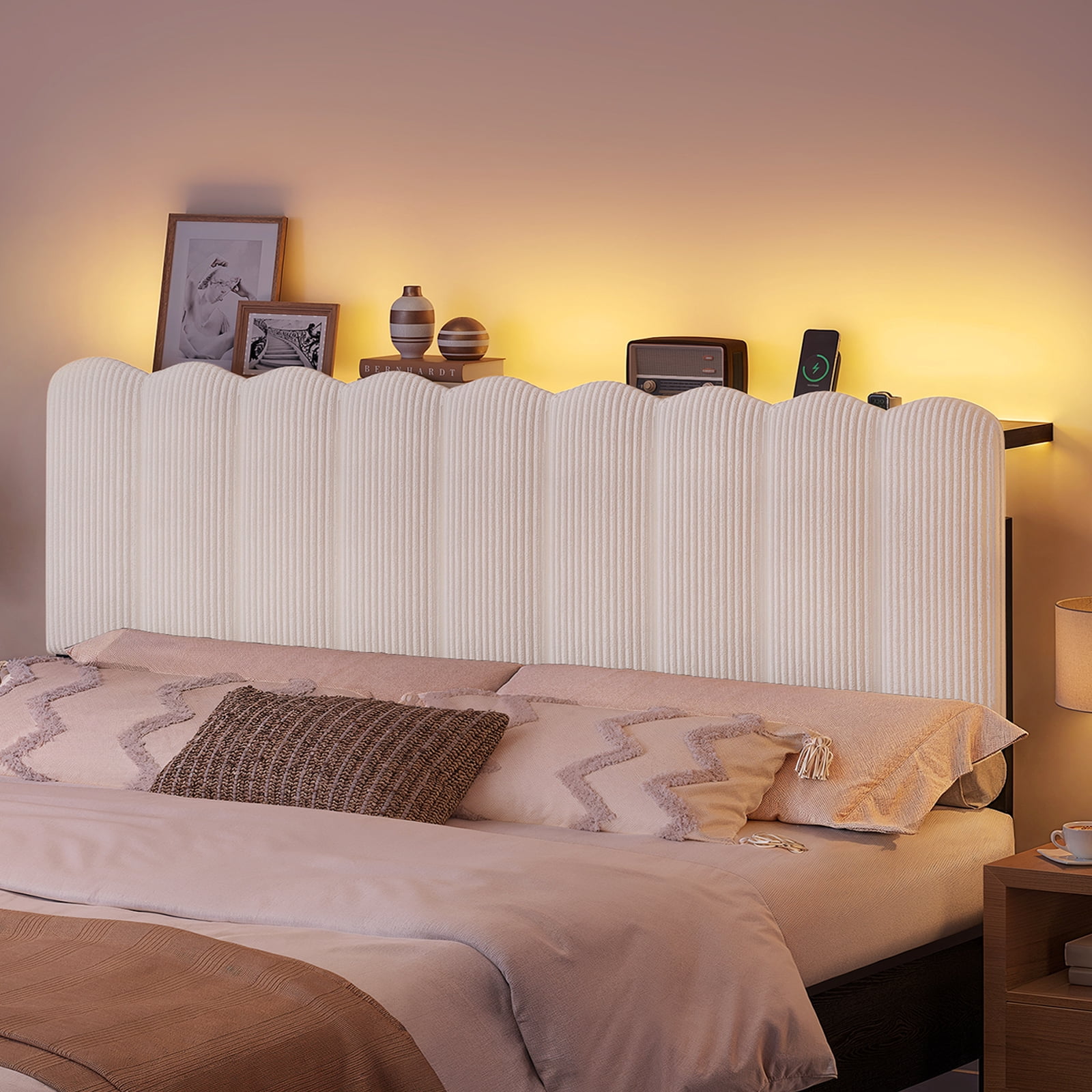 Pinmoco Queen Upholstered Headboard with Storage, LED Lights and Charging Station, Beige Striped Corduroy, Height Adjustable, Easy Assembly