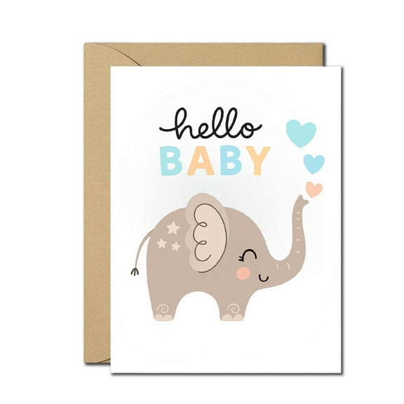 Hello Baby Greeting Card - Cute Elephant & Heart Design, Blank Inside, Includes Envelope - Perfect for New Baby Congratulations, Baby Showers & Birth Announcements