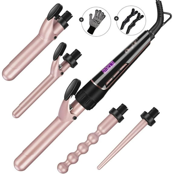RKXQT 5 in 1 Ceramic Hair Curler Curling Iron Wand Roller Set Interchangeable Barrels Curls Wave   Heat Resistant Glove Styling Tool