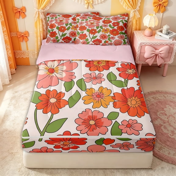 Erosebridal Retro Daisy Flower Zipper Twin Comforter Sets with Fitted Sheet and 2 Pillowcases for Girls, Leaf Botanical Print Zipper Bedding Set, Orange Green, Pink Reversible, 4pcs
