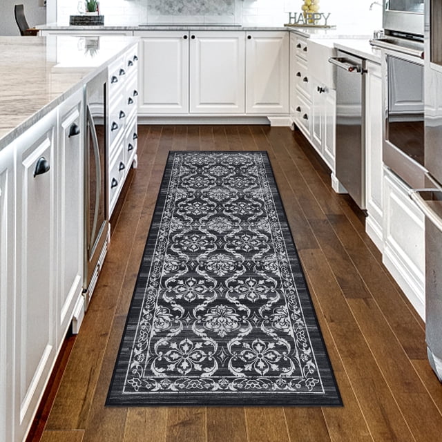 Alfombra vintage Haperlare con diseño floral oriental desgastado, lavable a máquina, antideslizante, estilo bohemio, para sala de estar, 60 x 240 cm, gris y negro