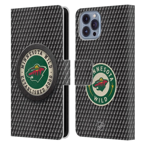 Head Case Designs Officially Licensed NHL Minnesota Wild Puck Texture Leather Book Wallet Case Cover Compatible with Apple iPhone 14