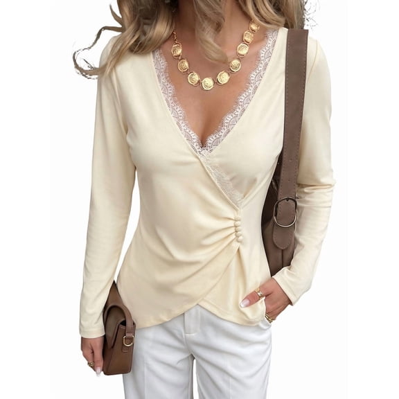 Women'S Long Sleeve V Neck T Shirts Fall Fashion Outfits Ruched Slim Fit Blouses Going Out Tops Beige XL