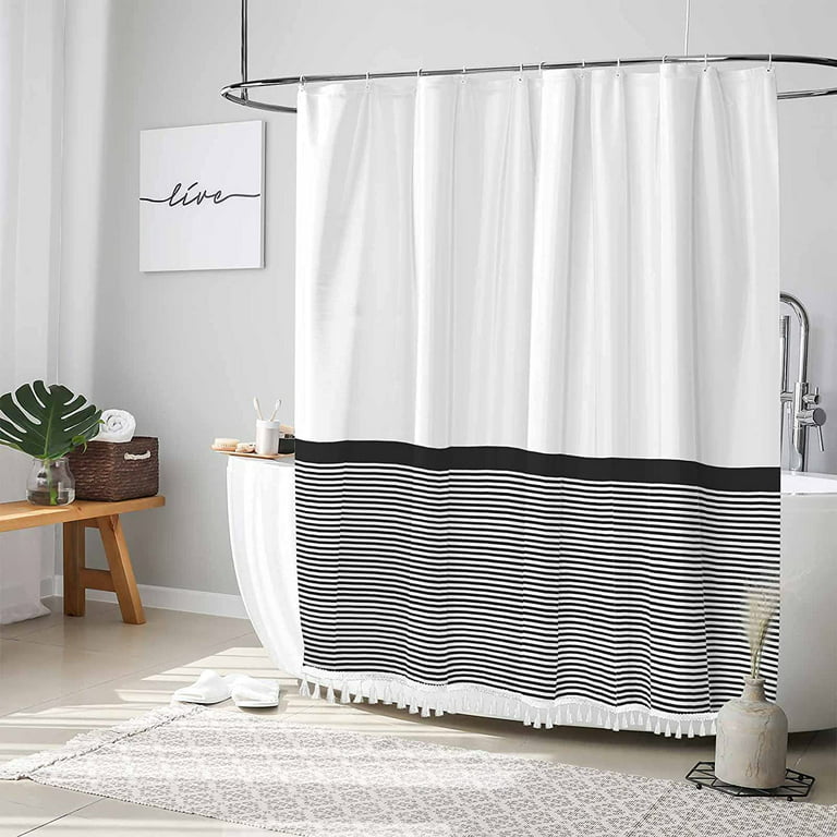 White Shower Curtain With Black Striped And Tassel Farmhouse Fabric Bathroom Extra Long Waterproof 72x96 Inch Com