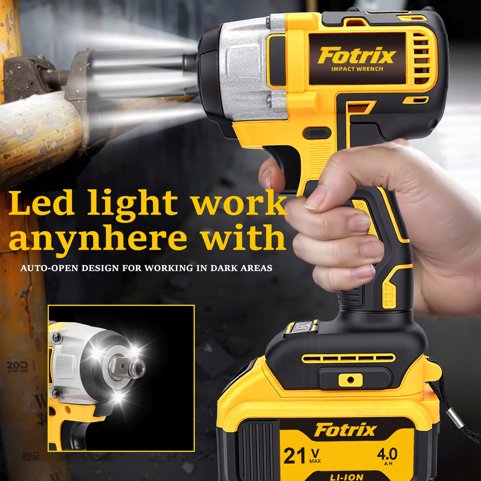 Fotrix 21V Brushless 1/2" Impact Wrench Kit, 3-in-1 Heavy Duty Drill & Driver, 4.0Ah Battery, Suitable For Home Repair, Cordless Impact Gun for Auto Repair, DIY Enthusiasts And Men