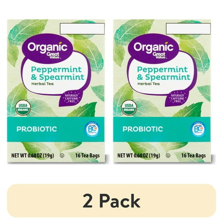(2 pack) Great Value Organic Peppermint & Spearmint Probiotic Herbal Tea, 0.68 oz, 16 Count