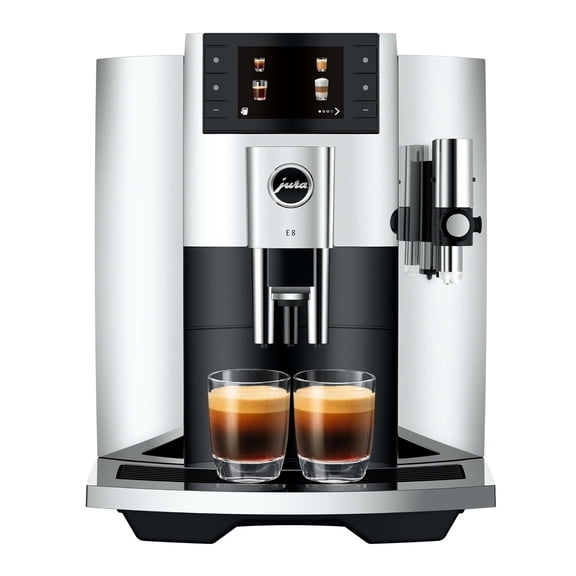Restored Jura E8 Chrome Automatic Coffee and Espresso Machine with 17 One Touch Specialties P.A.G.2 Grinder 3D Brewing System and Milk Cleaning Function