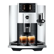 Restored Jura E8 Chrome Automatic Coffee and Espresso Machine with 17 One Touch Specialties P.A.G.2 Grinder 3D Brewing System and Milk Cleaning Function