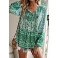 thumbnail image 3 of Double Tie Front Long Sleeve Bohemian Print Blouse for Women Green Large, 3 of 5