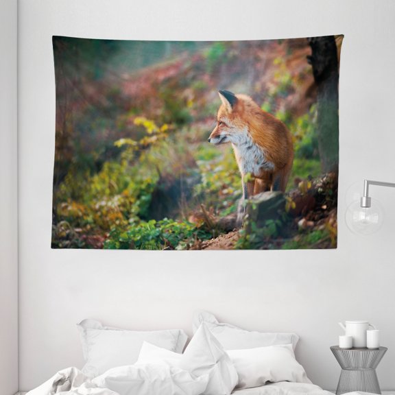 Fox Tapestry, Young Red Fox Listening to Something in Woodland Forest Wildlife Predator, Wall Hanging for Bedroom Living Room Dorm Decor, 80W X 60L Inches, Light Brown White Green, by Ambesonne