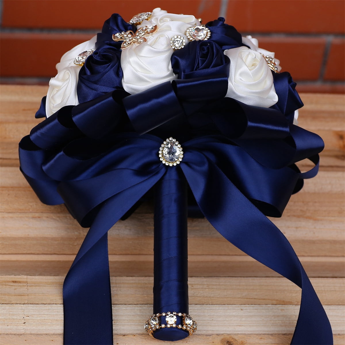 Namzi -a Handmade Luxury Wedding Bridal Bouquet Large Silk Rose Holding Toss Artificial Flowers Bouquets Bride Vintage Royal Wedding Bouquet (Dark Blue+White)