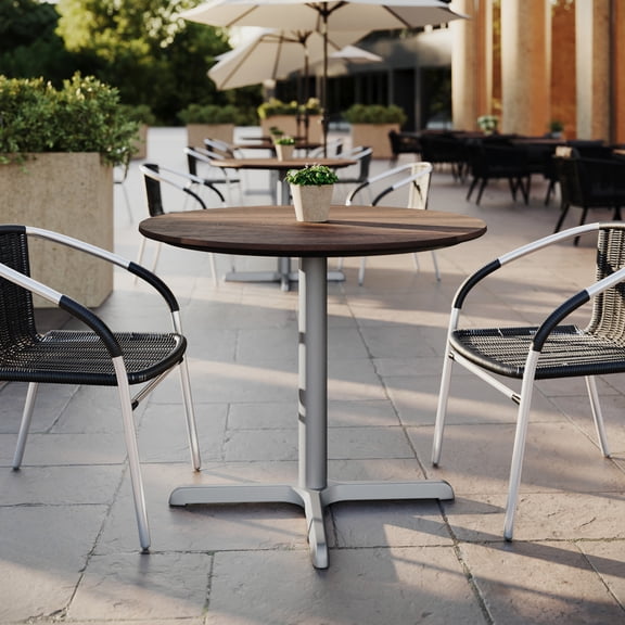 Flash Furniture 36" Round Indoor Outdoor Tabletop in Dark Brown with TopGuard HPL Technology and 30" x 30" Silver Cast Iron X Table Base