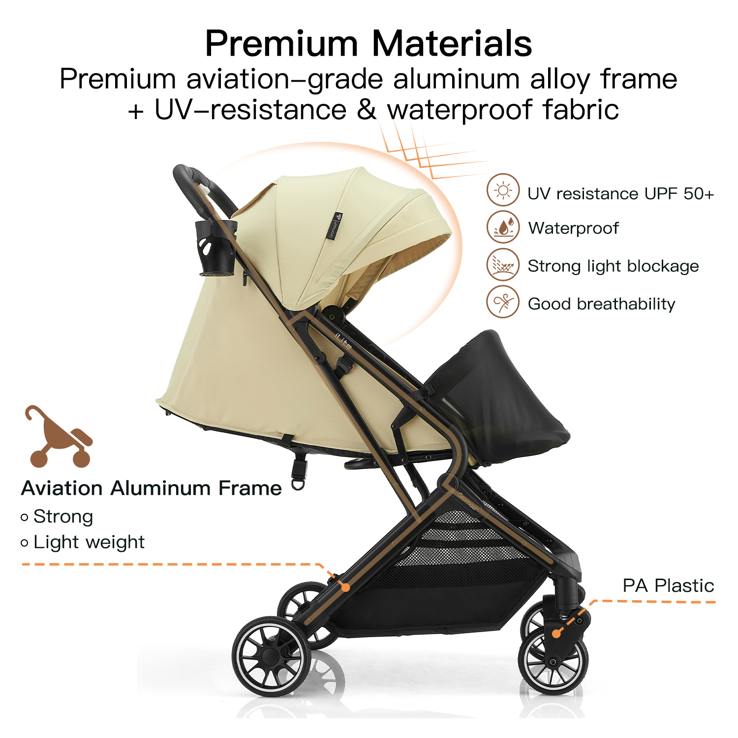 Gromast Compact Fold Baby Stroller, Lightweight Travel Toddler Stroller with One-Click Fold, Extendable UPF50+ Canopy, Cup Holder, UV Protected and Waterproof, One-Hand Folding - Beige