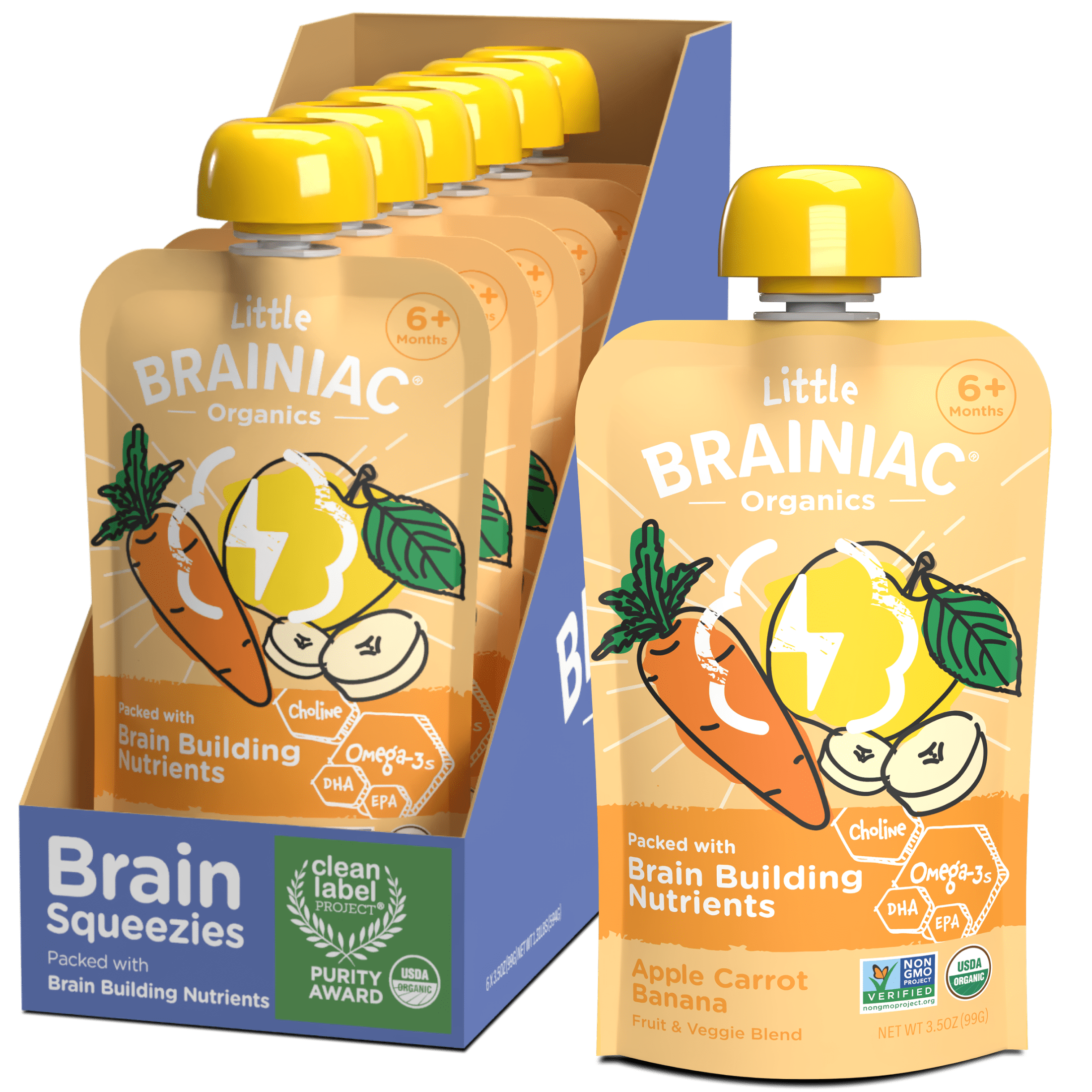 Little Brainiac Organic Fruit & Veggie Baby Food Pouch with Omega-3s, Apple Carrot Banana, 3.5oz, 6ct