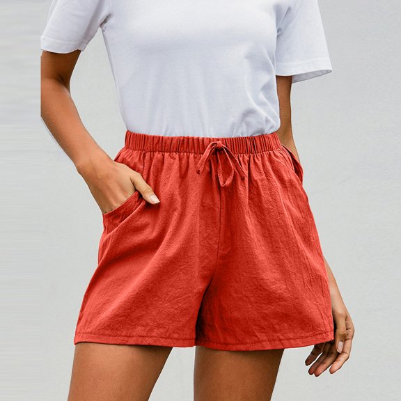 asdoklhq Plus Size Pants for Women,Solid High Waist Cotton And Linen Shorts Pants Casual Beach Shorts