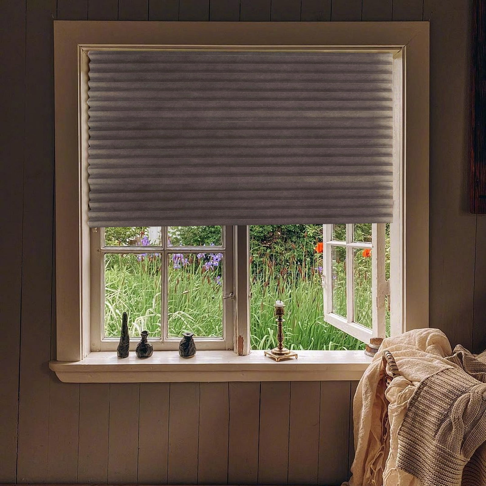 ZMKIAG No Tools Adhesive Pleated Blackout Blinds – Window Shades, No Drill Temporary Blinds, Cordless Room Darkening Paper Shades – For Office, Living Room, Bedroom