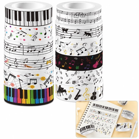 Music Washi Tape Set 12 Rolls, Musical Note Decorative Masking Tape with Piano Keys & Guitar Designs for Scrapbooking, Journaling, DIY Crafts, Gift Wrapping & Party Decor