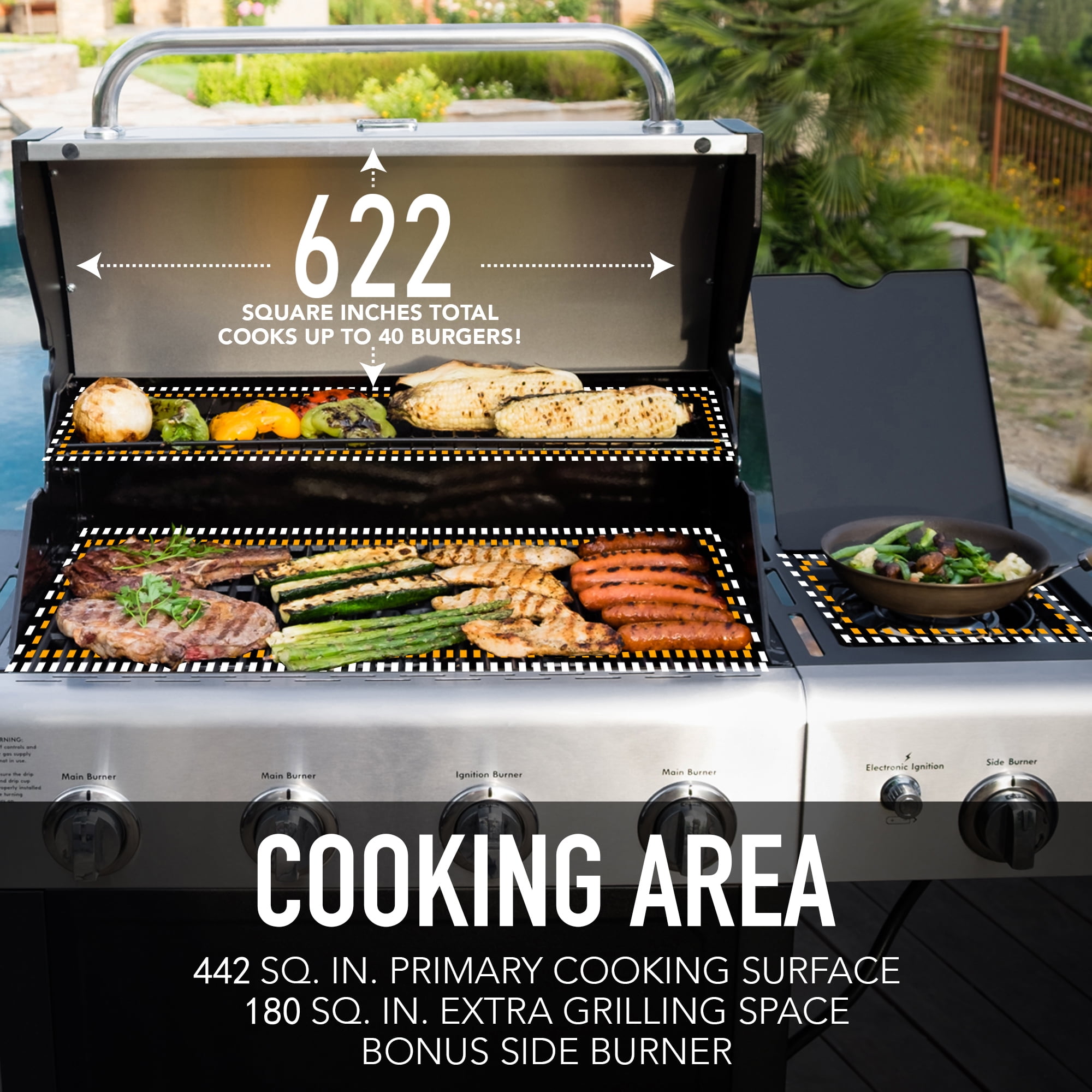 Kenmore 4-Burner Outdoor Propane Gas Grill with Side Burner, Open Cart, Stainless Steel/Black