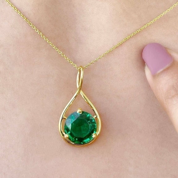 Lab-Created Green Emerald Solitaire Women"s Pendant 14k Yellow Gold Plated 2Ct Round Cut