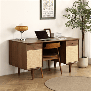 Mid Century Desk with Hutch, 48” Writing Study Desk with PE Rattan