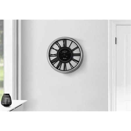 Pemberly Row 16 Round Skeleton Wall Clock in Silver Gray and Black