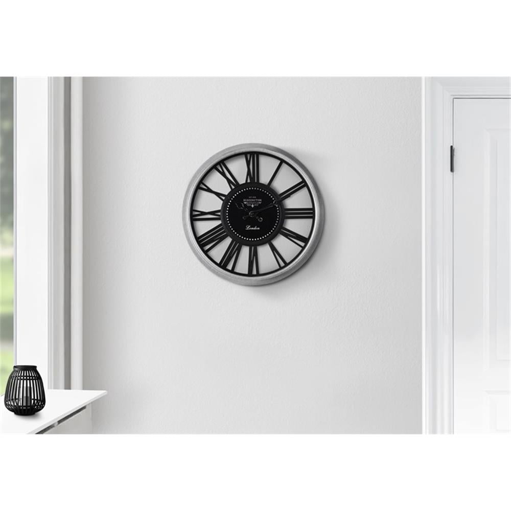 Pemberly Row 16 Round Skeleton Wall Clock in Silver Gray and Black