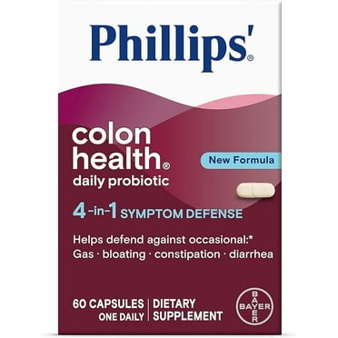 Phillips' Colon Health Daily Probiotic Capsules, 4-in-1 Symptom Defense to help defend against Occasional Gas, Bloating, Constipation, and Diarrhea, Daily Supplement, 60 Count