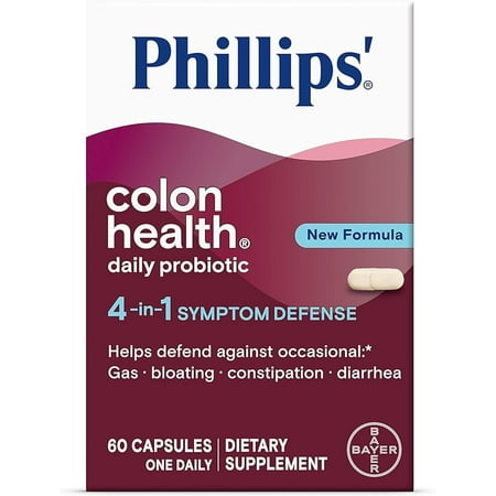 Phillips' Colon Health Daily Probiotic Capsules, 4-in-1 Symptom Defense to help defend against Occasional Gas, Bloating, Constipation, and Diarrhea, Daily Supplement, 60 Count