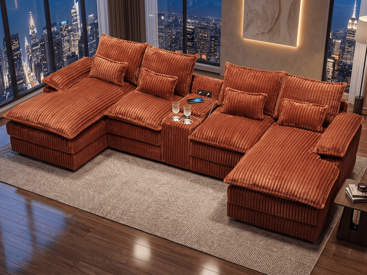 125" Oversized Cloud Couch Modular Sectional Sofa with Chaise, Deep Seat Sectional Couch with Center Console, USB Ports & Cup Holders, 6 Seater Comfy Upholstered Sofa for Living Room