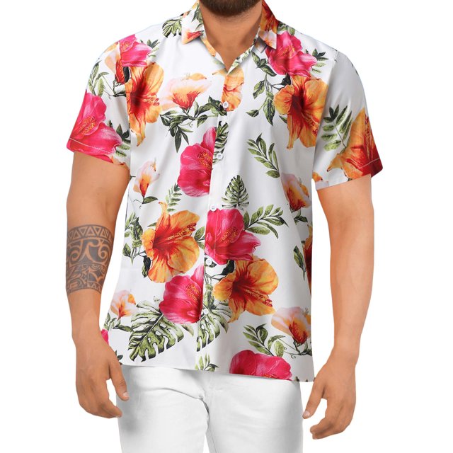 camisa hawaiana para hombre, informal, holgada, playera, con solapa y botones pompotops oipoqjl44636 Blanco con grandes flores rojas y naranjas y hojas verdes, vista frontal centrada de modelo con corte holgado, manga corta, botonadura completa y solapa clásica; tejido elástico de cuatro direcciones según especificaciones, dobladillo recto. Adecuada para la playa o uso casual diario.