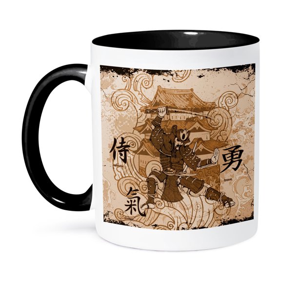 3dRose, A Brown Tinged Samurai Warrior Against An Oriental Building With Oriental Writing., 11oz Two-Tone Black Mug