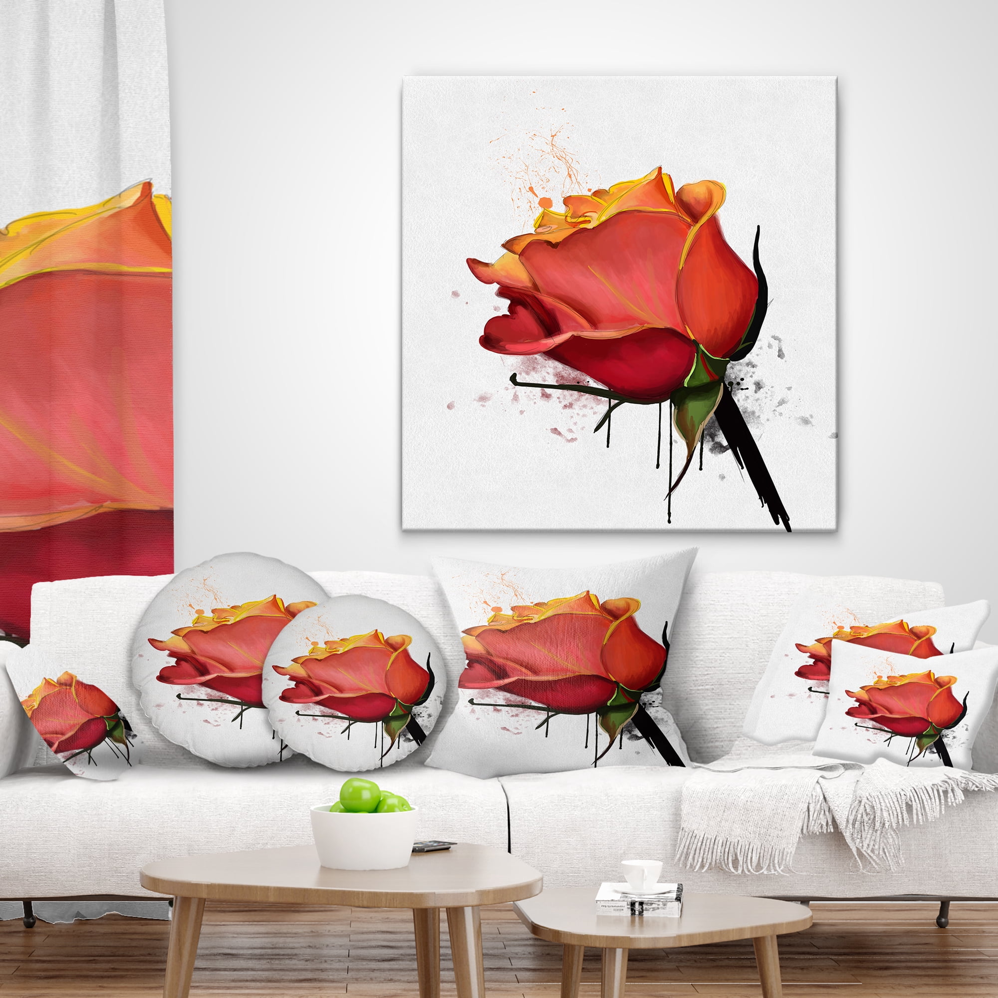 Designart Isolated Red Rose Watercolor Sketch - Floral Throw Pillow - 16x16