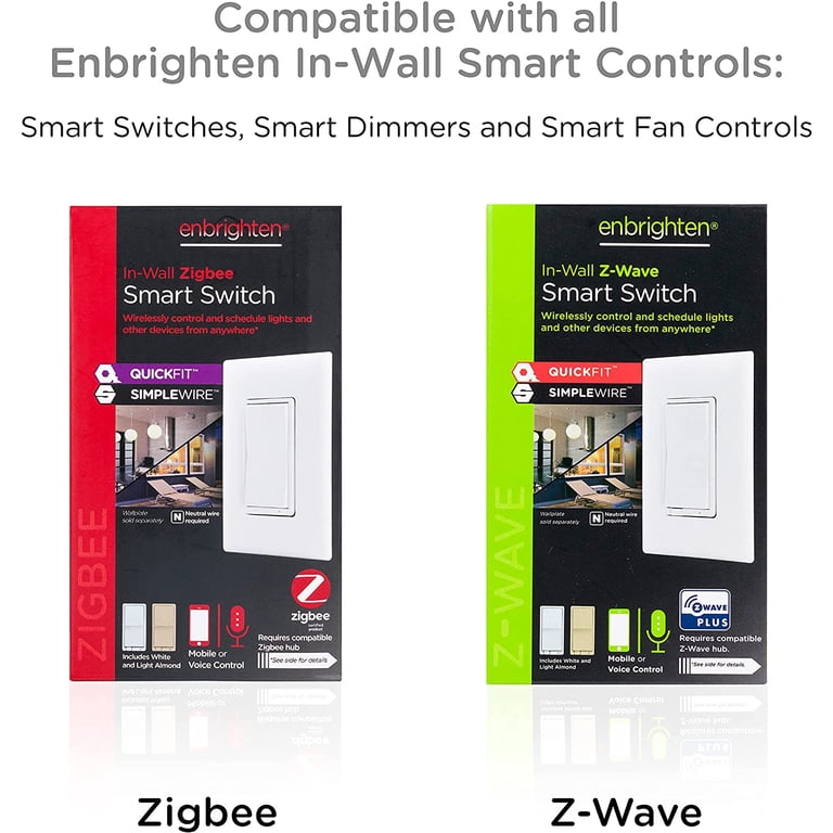 Enbrighten Add-On Switch – QuickFit & SimpleWire, In-Wall Rocker Paddle, Z-Wave/Zigbee Smart Lighting Control (Not Standalone) – White & Light Almond