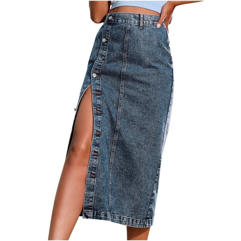 JNGSA Women's Casual Denim Skirt High Waist Split Front Long Jean Skirts  Retro Button Irregular Split Denim High Waist Denim Skirt Blue