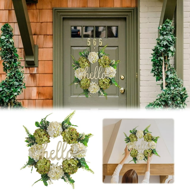 Binwennn Valentine's Day with Lights Fall Decorations for outside Porch Hello "wood" Garland Door Hanging Hydrangea Rattan Ring Window Decorations