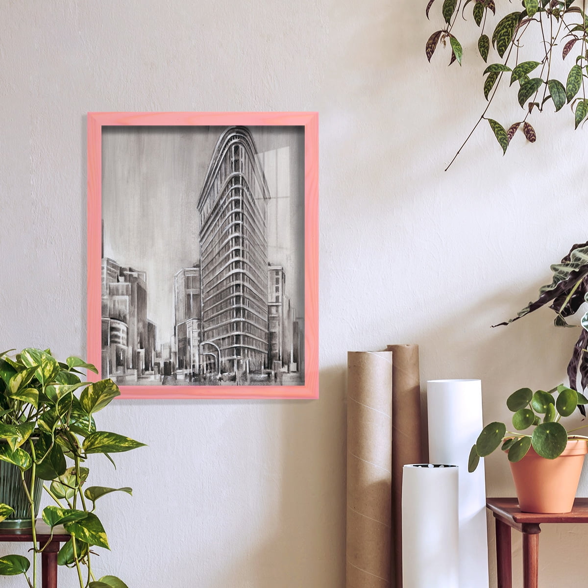 Art Deco Cityscape II -Framed Print w/glass-Sunset Pink