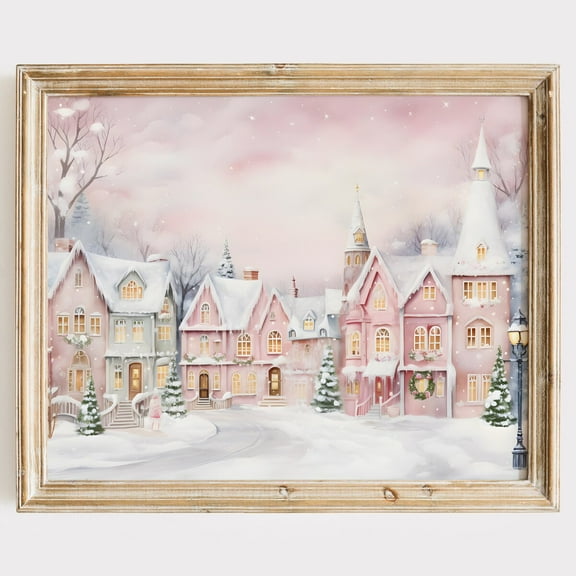 Zuno Pastel Christmas Village Art Print, Pink Winter Home Decor, Cottage Chic Holiday Decoration, Snowy Printable Art, Winter Scene - Wall Art Print, 8x12 UNFRAMED