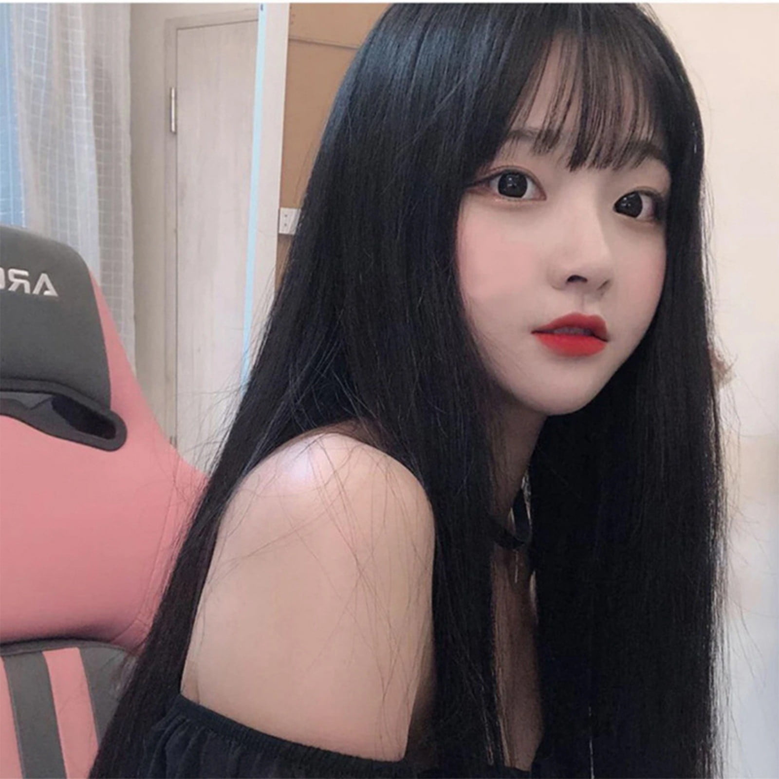 Air Bangs Long Straight Hair Wig Headgear Black Whole Wig Human Hair Is Natural And Realistic 75cm/29.5in Dark Wig Long Hair Wig Lace Front Curly Long Wigs for Women