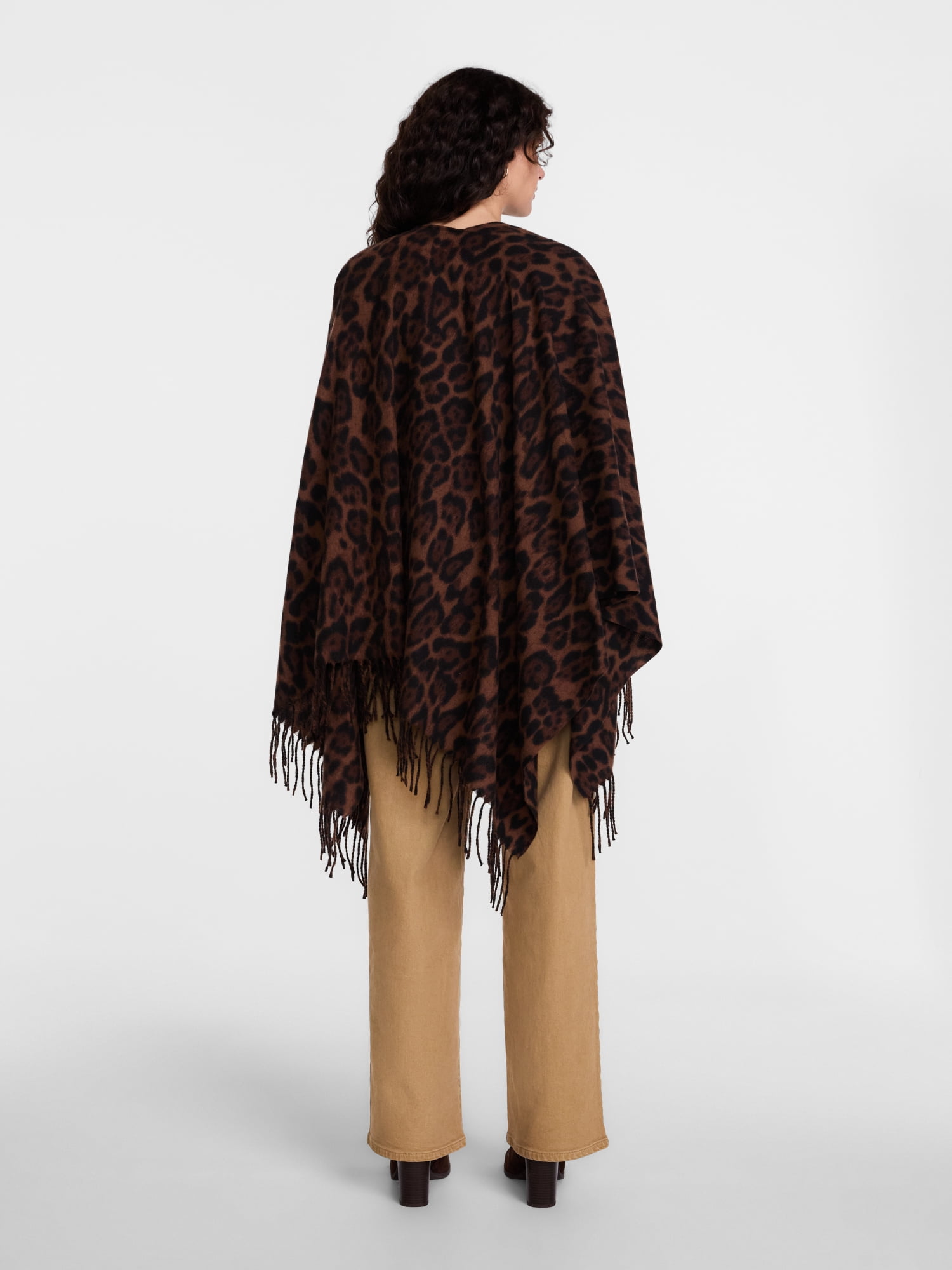 Scenario Women's Fringe Ruana, Mid-weight, Brown Leopard