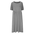 thumbnail image 3 of QUYUON Womens Linen Midi Dress Women Summer Casual Short Sleeve Round Neck Beach Dresses Female Solid Color Pleated A-Line Long Dress Loose Flowy Wedding Guest Dress Style D-6089 Gray M, 3 of 6