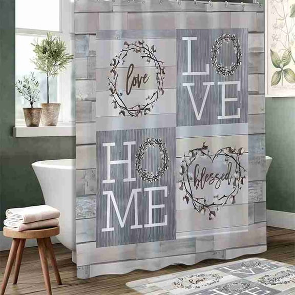 70x70 inch Rustic Gray Wood Plank Love Home Blessed Wreath Shower Curtain, Waterproof Polyester Fabric with hooks for bathroom decor.