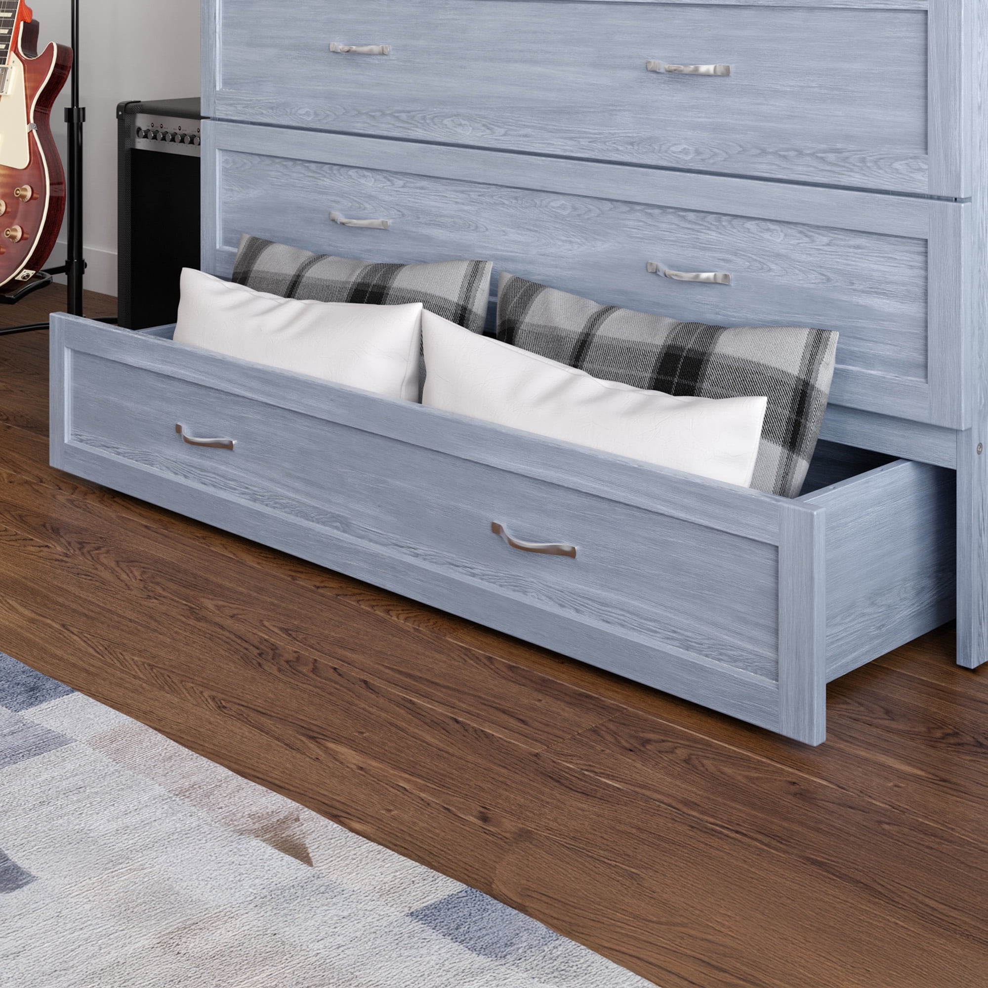 AFI Northfield Full Wood Murphy Bed Chest with 6" Mattress, Drawer & Charger, Driftwood
