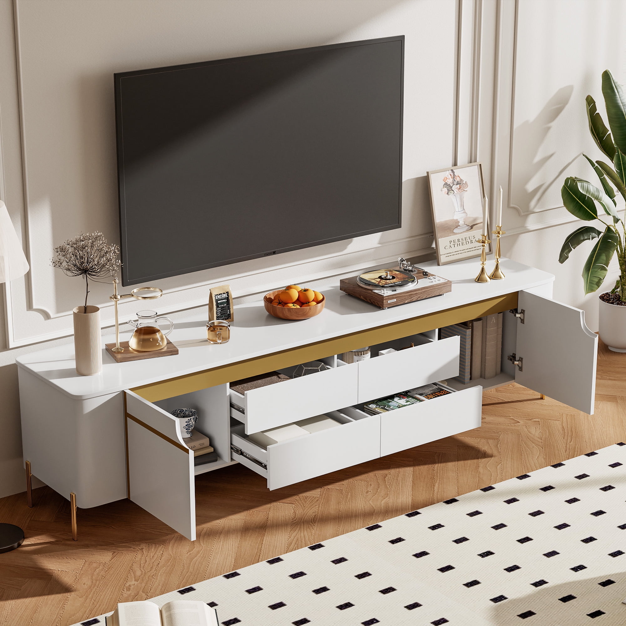 Euroco Light Luxury TV Stand with 2 Cabinets and 4 Drawers – Gold Metal Legs, Cable Management, Concealed Handles – Modern Entertainment Center for Living Room