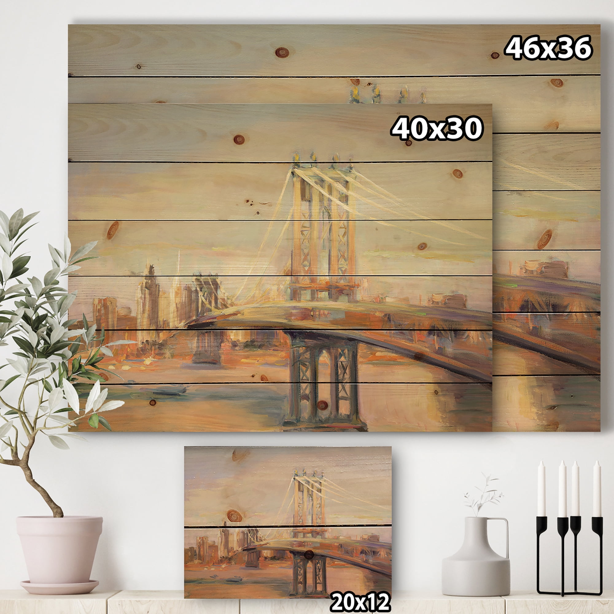 Designart 'Manhattan Brooklyn Bridge' Traditional Print on Natural Pine Wood