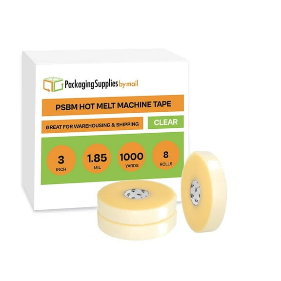 PSBM Machine Grade Hot Melt Tape 3" x 1000 Yards, 8 Rolls, 1.85 Mil Clear Commercial Shipping Tape