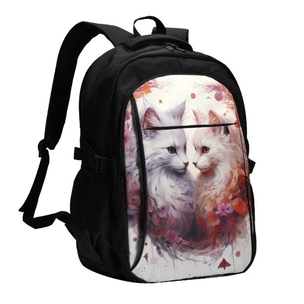 Disketp White Red Cat Couple Mochila de Viaje Estampada para Laptop con Puerto de Carga USB, Mochila Impermeable para Computadora – Regalo para Hombres y Mujeres