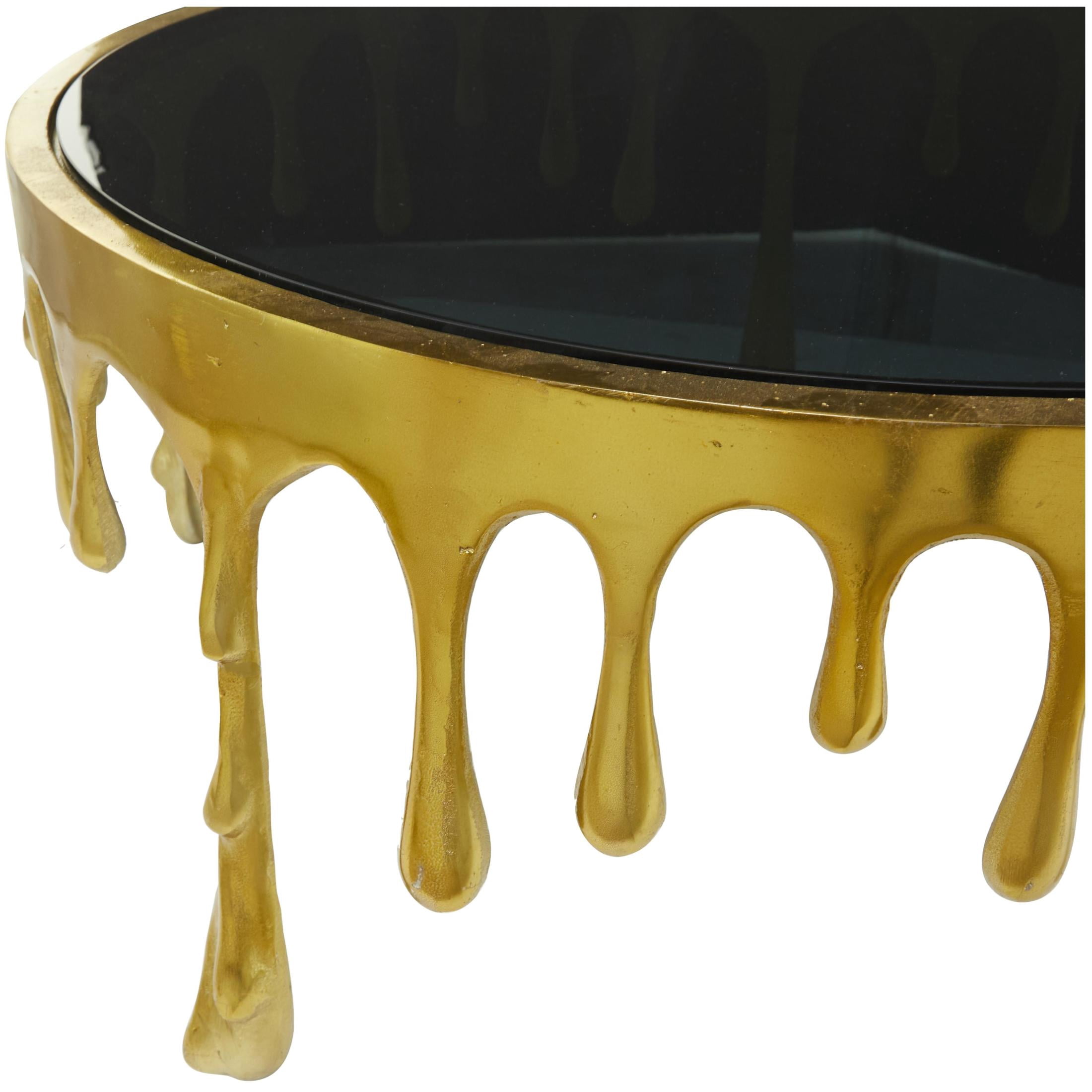 DecMode 36" x 16" Gold Aluminum Metal Melting Drip Abstract Coffee Table with Black Glass Top, 1-Piece